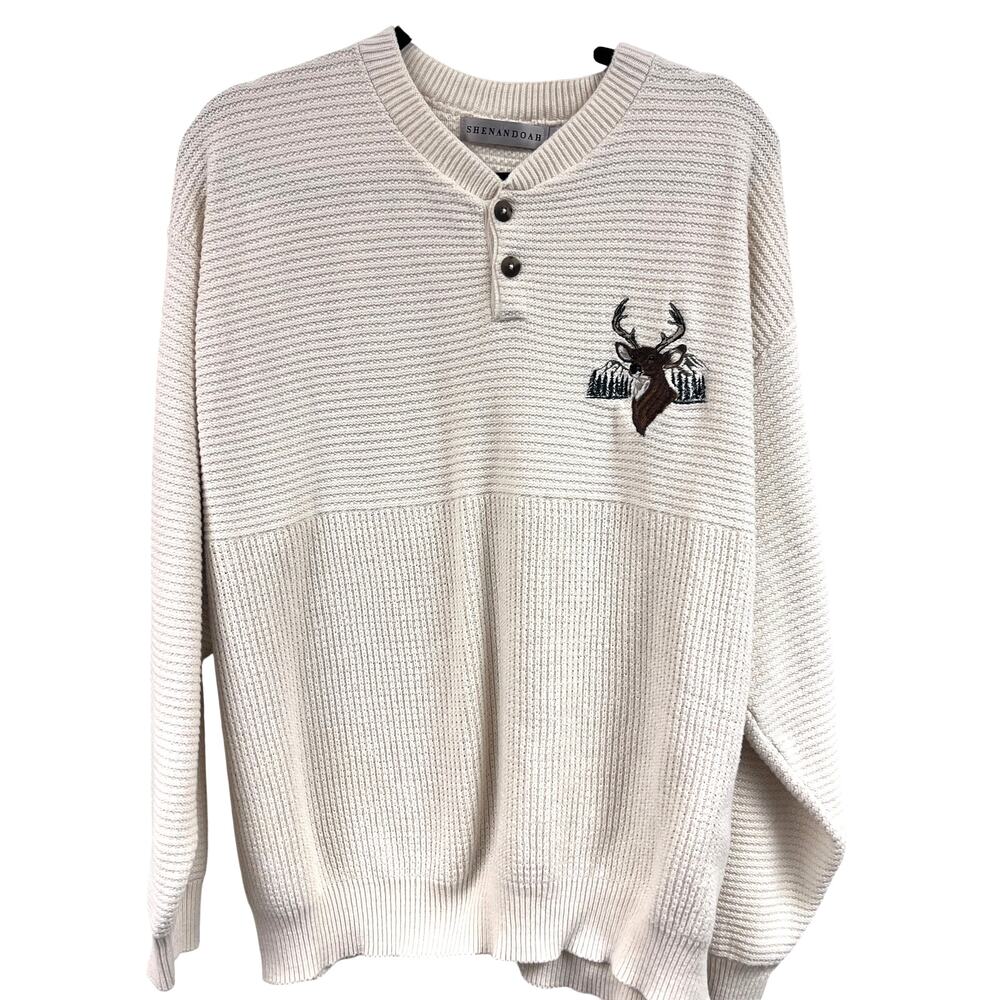 Vintage Shenandoah 100% Cotton beige embroidered stag Henley knit sweater XL